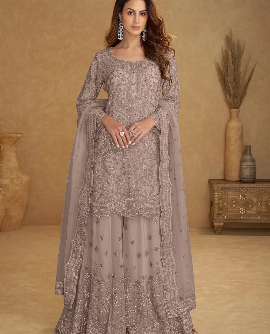 8113-G - Net Dusty Grey Embroidered Wedding Palazzo Suit
